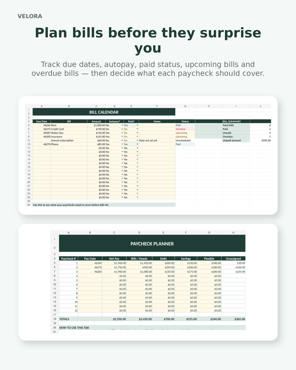 Bill calendar and paycheck planner spreadsheet preview