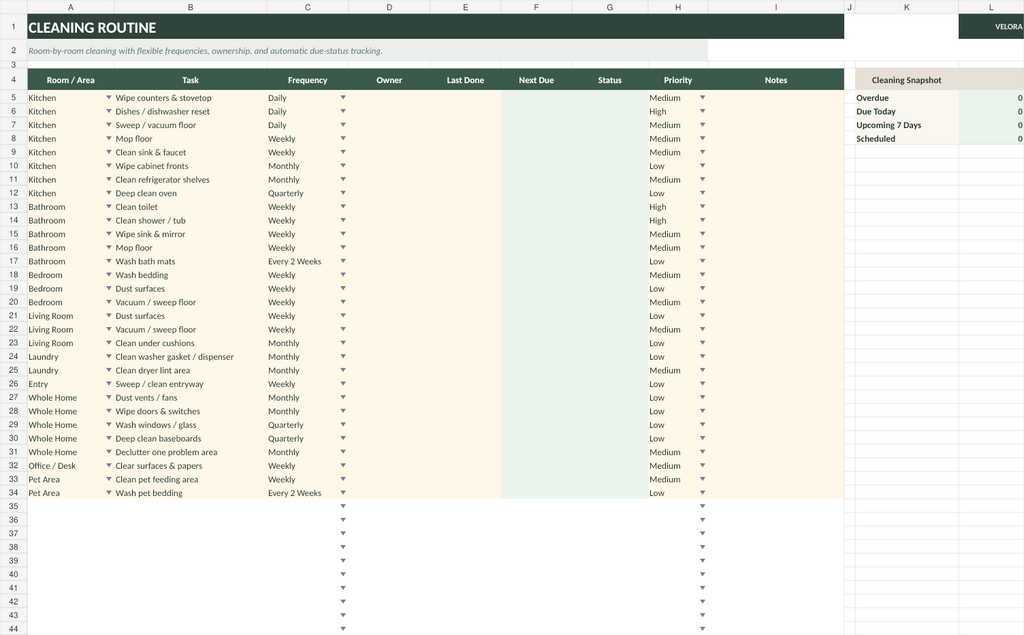 Cleaning routine spreadsheet with recurring tasks and automatic status tracking