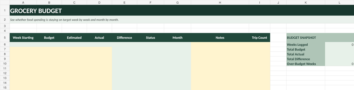 Grocery budget tracker spreadsheet preview by Nuvora