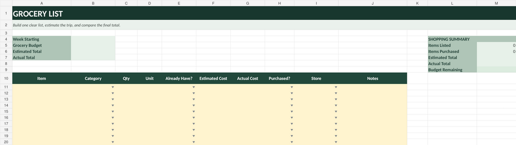 Grocery list and shopping budget spreadsheet preview by Nuvora