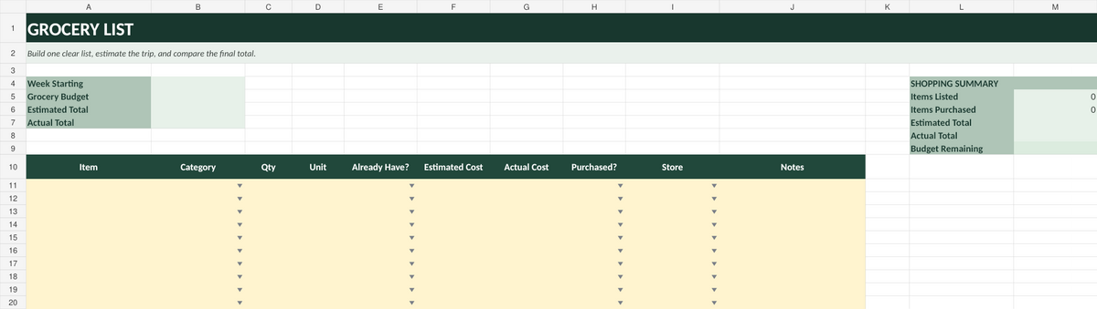 Grocery list and shopping budget spreadsheet preview by Nuvora
