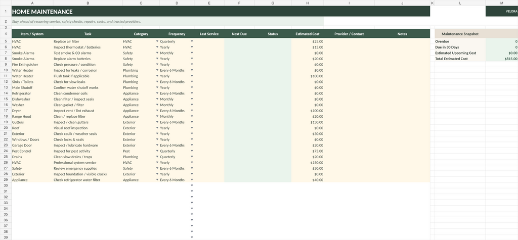 Home maintenance tracker spreadsheet with due dates, recurring schedules and costs