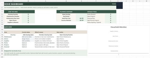 Home Management Planner Spreadsheet dashboard for cleaning, maintenance, chores, pantry, supplies and projects