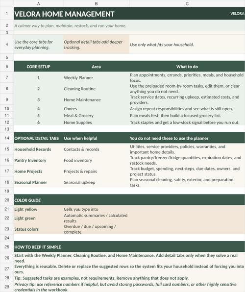 Home Management Planner Spreadsheet Start Here guide