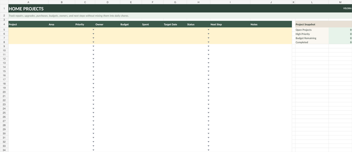 Home projects tracker spreadsheet with budgets, priorities, status and next steps