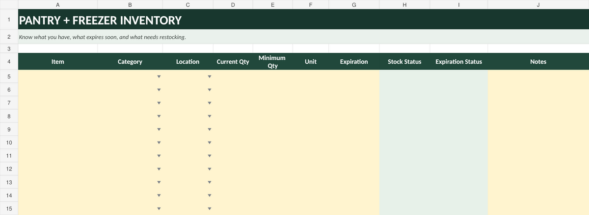 Pantry and freezer inventory spreadsheet preview by Nuvora