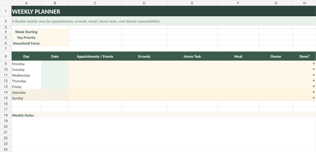 Weekly home planner spreadsheet for household tasks and schedules
