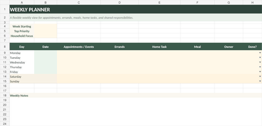 Weekly home planner spreadsheet for household tasks and schedules