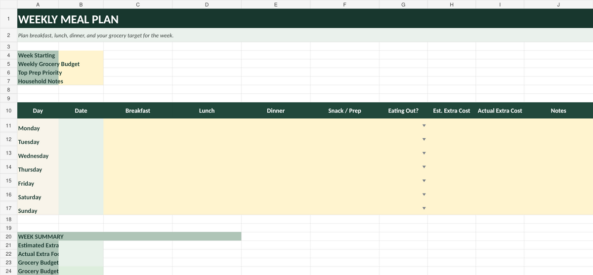 Weekly meal planner spreadsheet preview by Nuvora