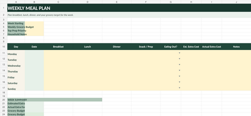 Weekly meal planner spreadsheet preview by Nuvora